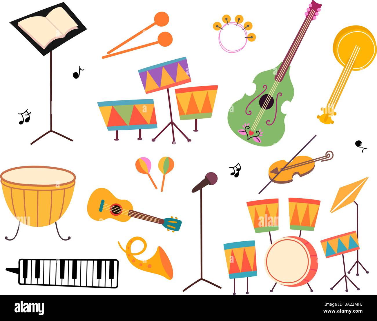 Musikinstrumente. Isoliertes Comic-abstraktes Instrument. Gitarre, Violine, Schlagzeug, Cello, Klarinette. Notenständer und Mikrofon auf einem Ständer, Vektor Stock Vektor