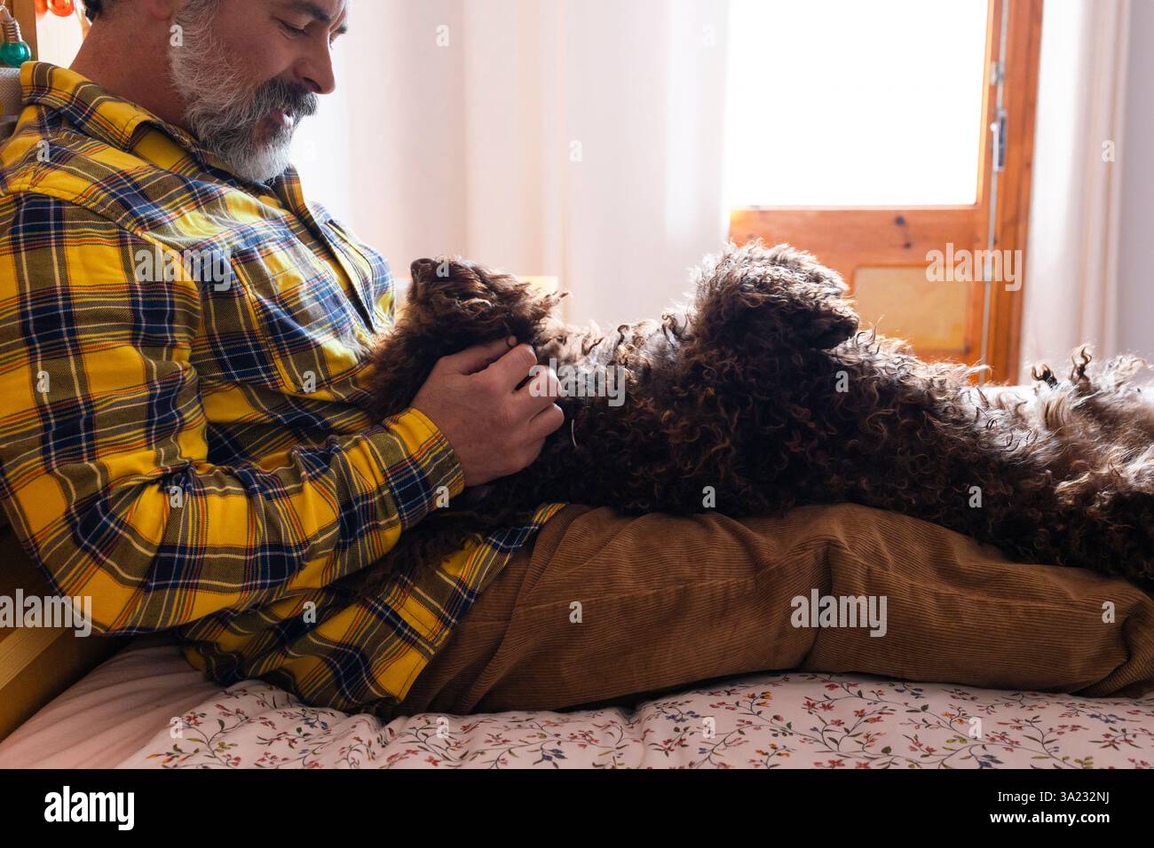 Bärtiger Reife genießt einen friedlichen Moment auf seinem Bett und streichelt sanft seinen geliebten, lockigen Hund Stockfoto