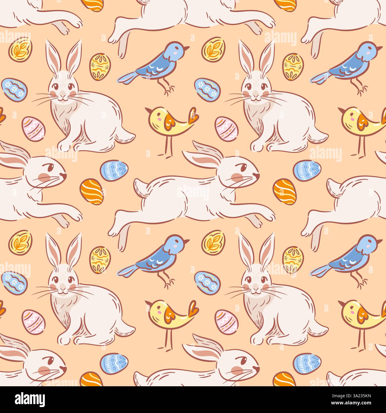 Ein nahtloses Muster mit verspielten Osterhasen, fröhlichen Vögeln und wunderschön dekorierten Eiern, alles in einem bezaubernden Skizzenstil. Perfe Stock Vektor