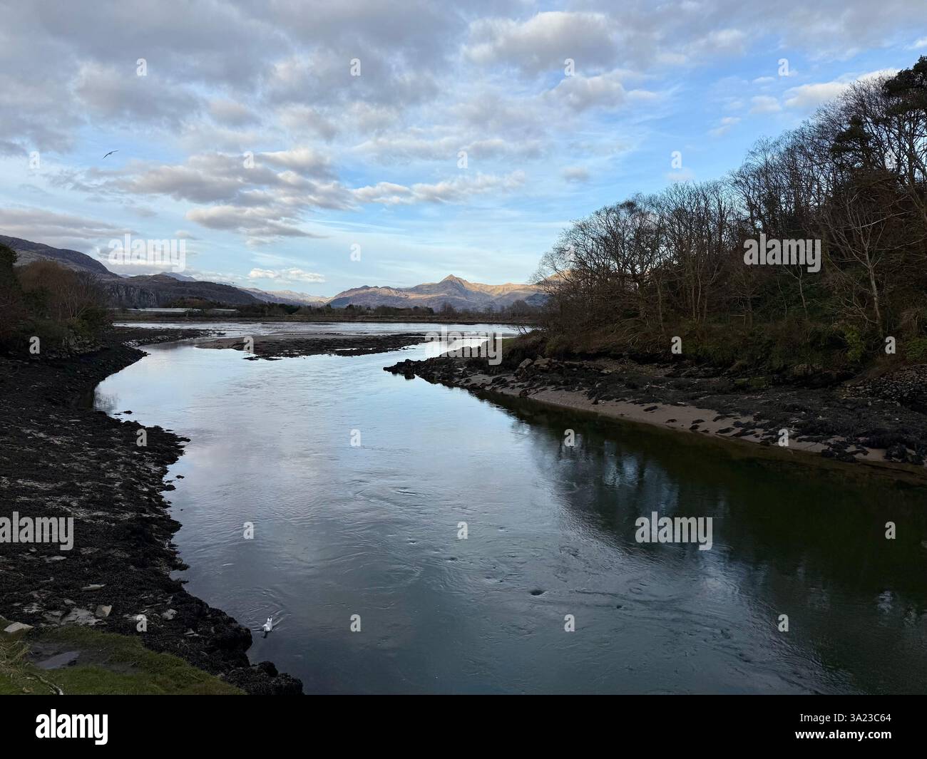 Die Berge von Snowdonia aus Porthmadog, Gwynedd, Wales Stockfoto