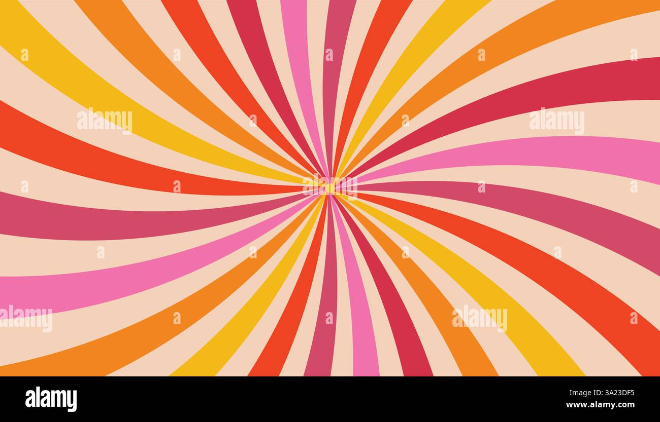 Bunter welliger abstrakter Hintergrund mit Streifen, Sonnenstrahlen. Gestreifter Starburst-Halbton. Retro-Hintergrund mit Blitz. Stock Vektor