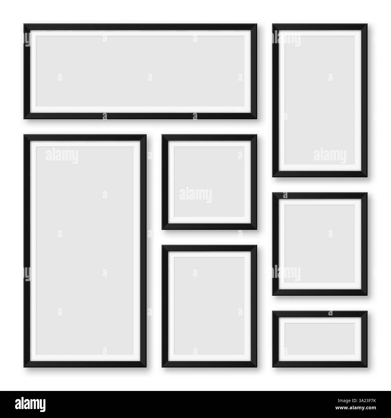 Realistische Sammlung von leeren schwarzen Bilderrahmen. Modernes Postermockup für Kunstwerke, Fotografien oder Werbung. Perfekt für Kunstgalerien und Innenräume Stock Vektor