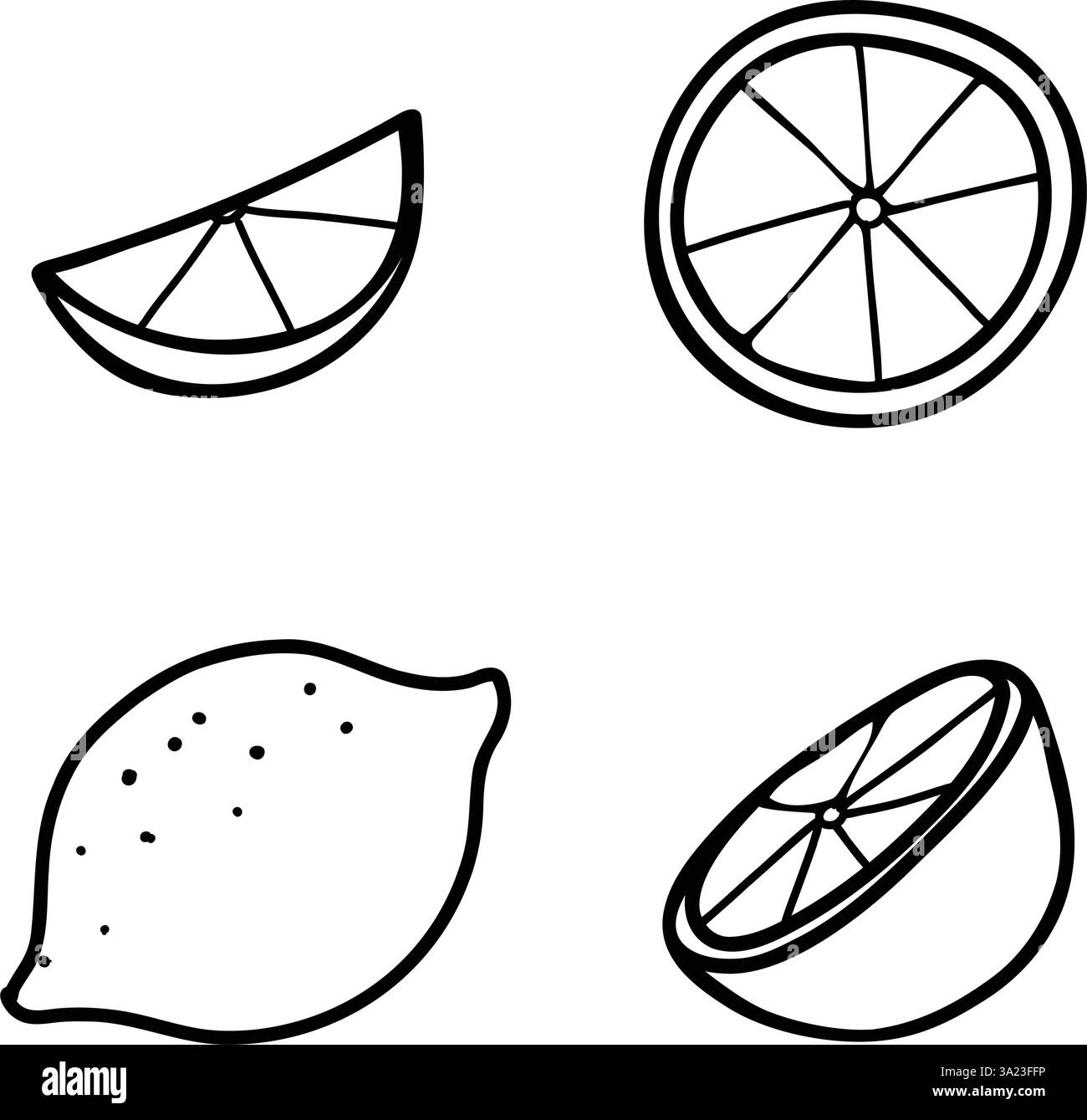 Zitronenset. Handgezeichnete Vektor-Kritzelelemente aus ganzen Früchten und geschnittenen Zitrusscheiben. Schwarz-weiß-Strichgrafik auf weißem Hintergrund. Für Stock Vektor