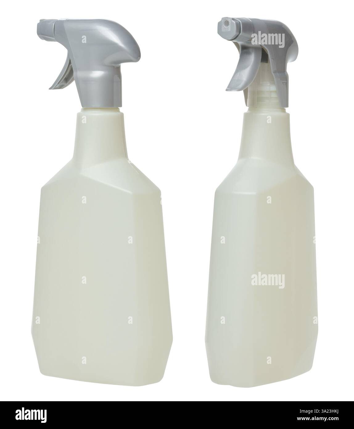 Sprühflasche für Reinigung oder Haushaltsgebrauch, Set. Isolierter Hintergrund Stockfoto