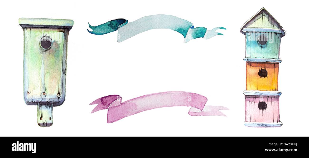 Aquarell handgemalte Vogelhaus-Illustration isoliert auf einem weißen Hintergrund. Vogelnest und Banner Design. Naturkonzept. Clipart mit Frühlingsmotiv. Stockfoto