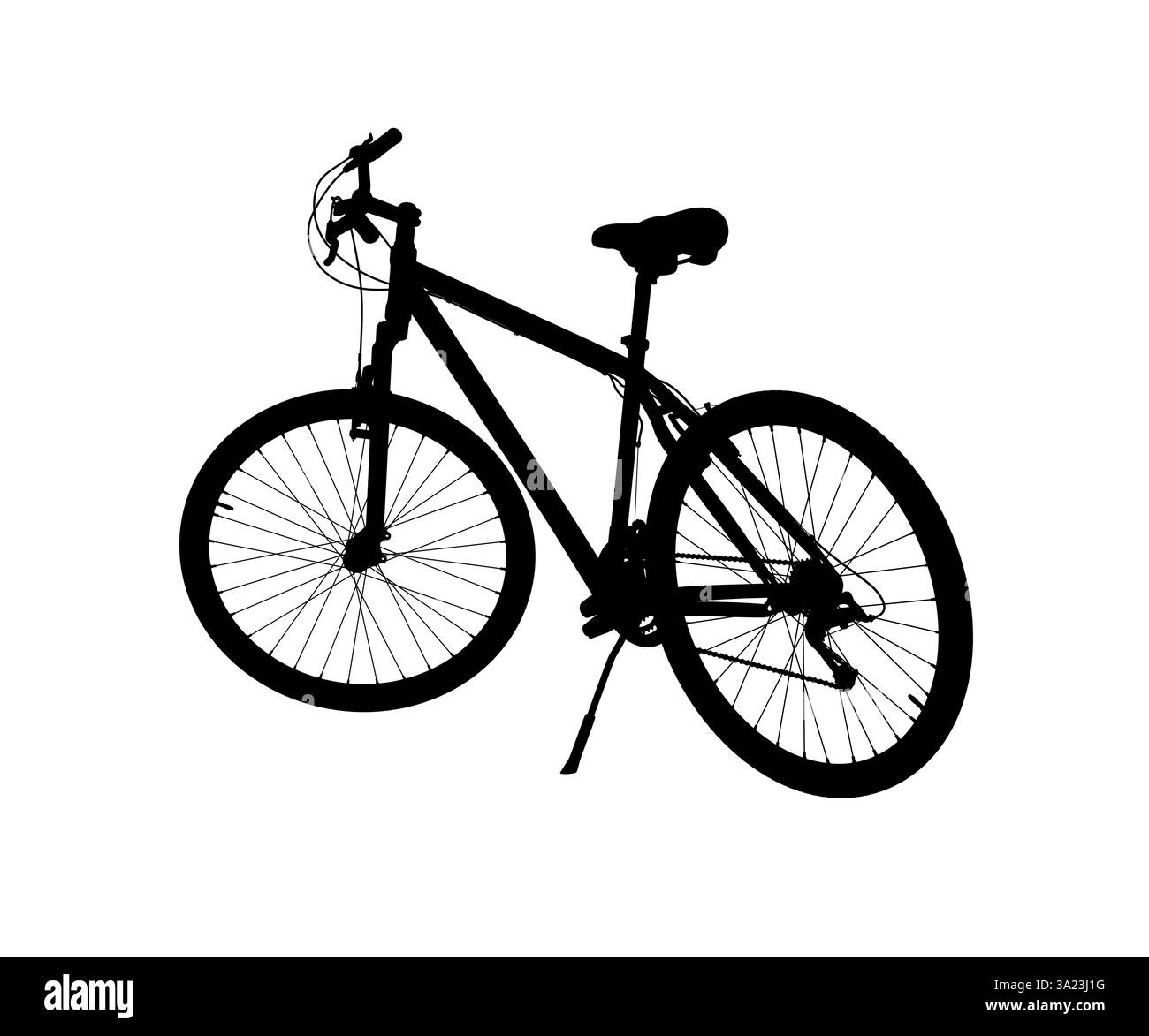 Schwarze Silhouette des Fahrrads, das auf dem Ständer steht, Ansicht von oben. Fahrrad auf Trittständer isoliert auf weißem Hintergrund, 3D-Illustration Stockfoto