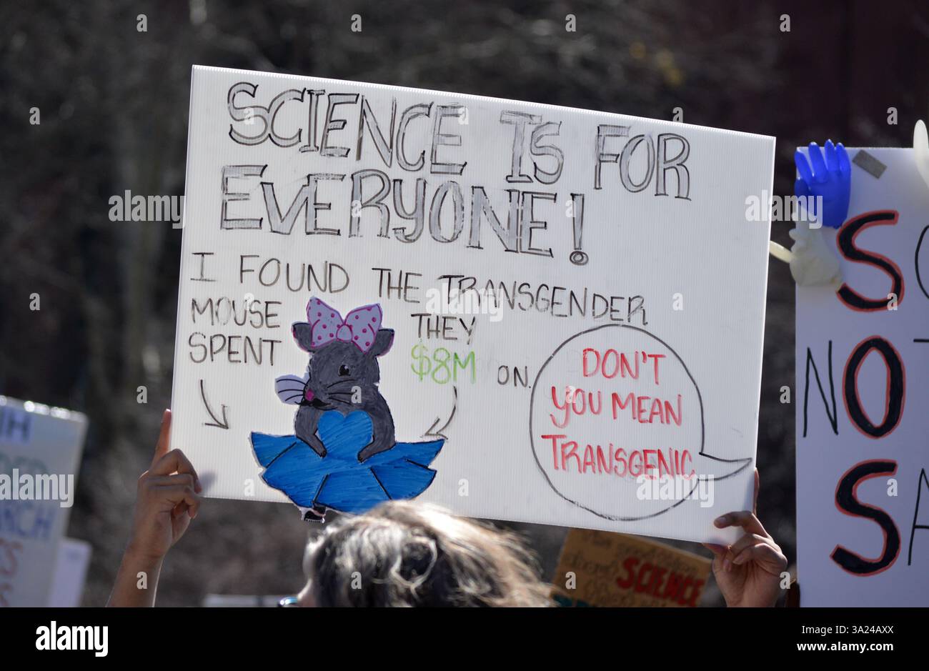 Stellen Sie sich für eine Wissenschaftsdemonstration im Washington Square Park, New York City, ein. Stockfoto