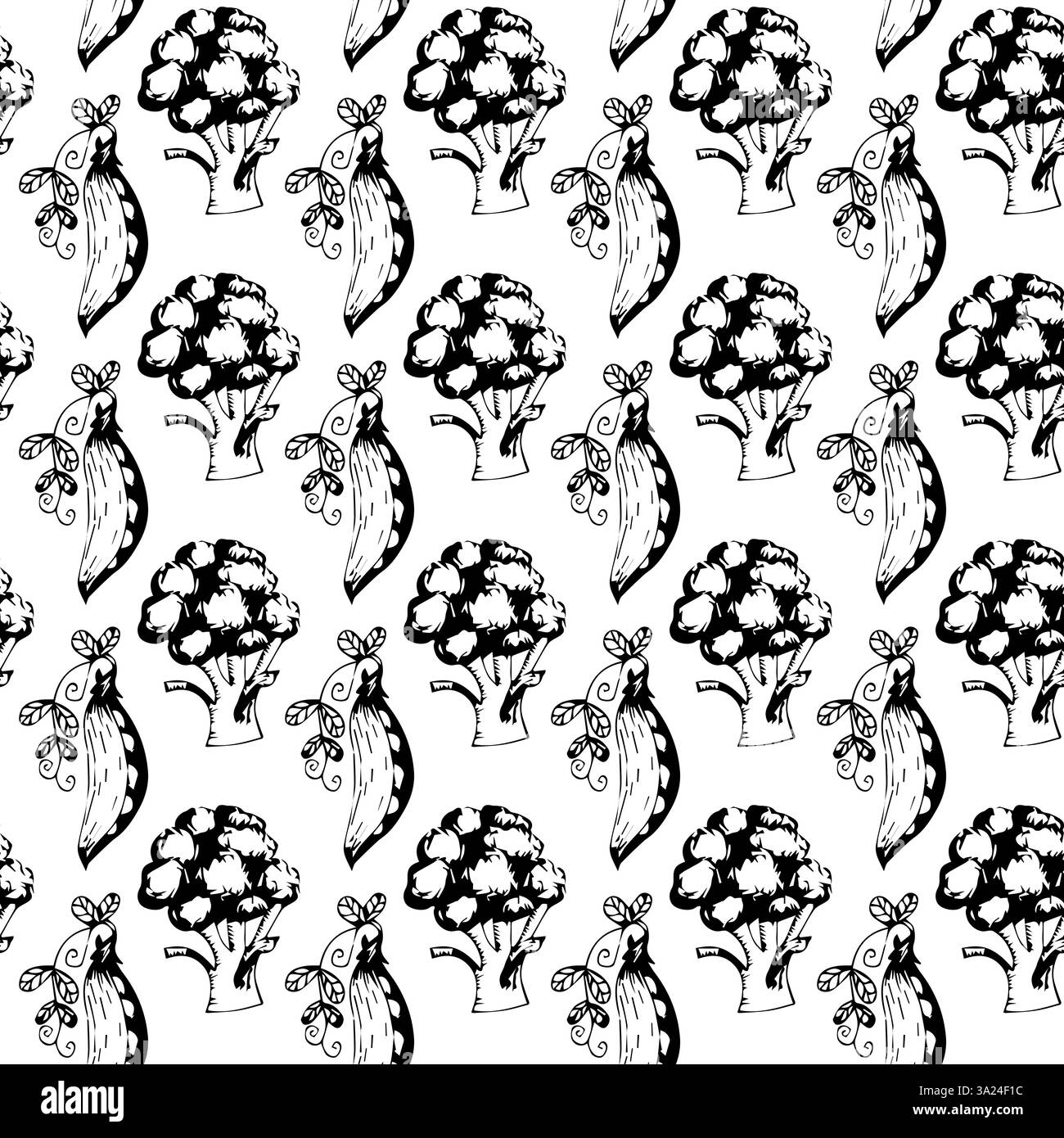 Reifes Gemüse im Doodle-Stil. Reiche Ernte. Vektorabbildung. Einfaches, nahtloses Muster. Stock Vektor