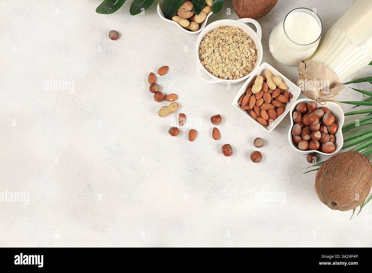 Gemischte vegane laktosefreie Milch, Kokos, Nüsse, Hafer, Mandel, Milchaustauscher, gesundes Frühstück mit Zutaten, natürliches Ernährungskonzept, Pflege Stockfoto