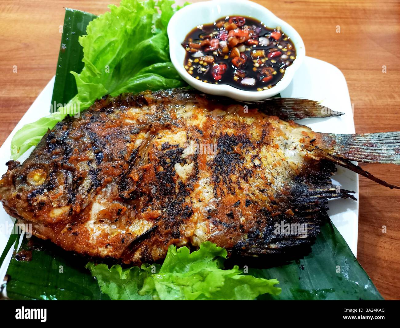 Indonesischer Gurami-Bakar oder auf Saibling gegrillter Gourami-Fisch. Stockfoto