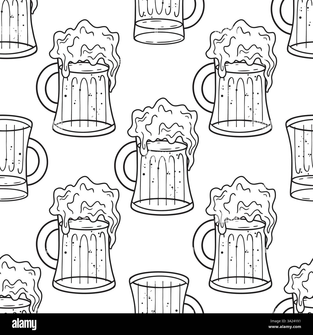 Ein kreatives Line Art Muster mit einer Vielzahl von Bierbecher und Gläsern für verschiedene künstlerische Zwecke. Handgezeichnete Vektor-Schwarzweiß-Grafiken in Strichgrafik zum Drucken auf Papier und Stoff. Stock Vektor