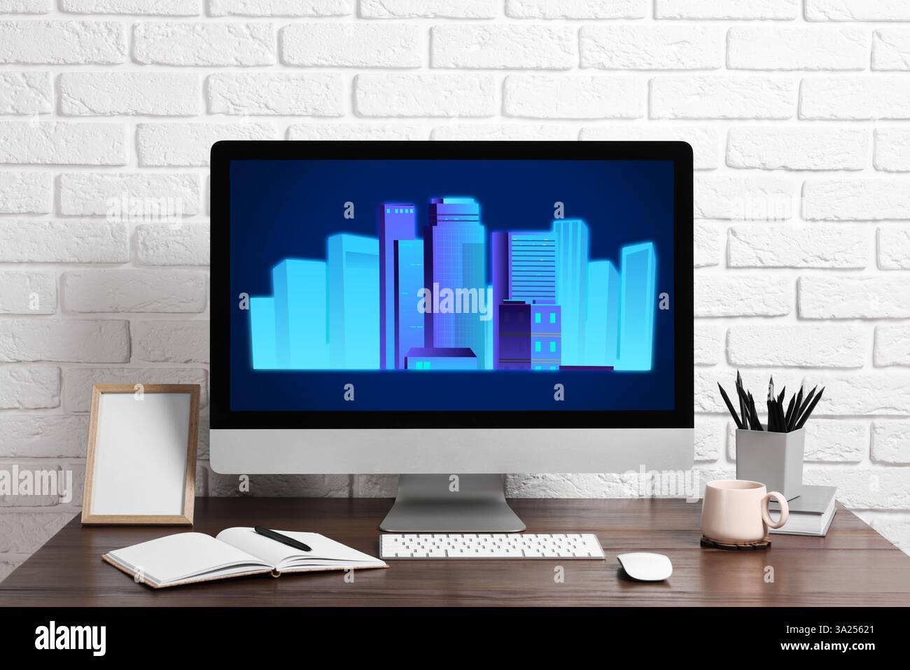 Modellierung von Informationen erstellen. Digitales Projekt auf Computerdisplay Stockfoto