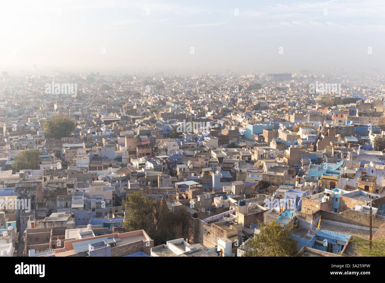Der Blick auf die überfüllte blaue Stadt vom Gipfel des Berges am Morgen wird in jodhpur rajasthan indien aufgenommen. Stockfoto