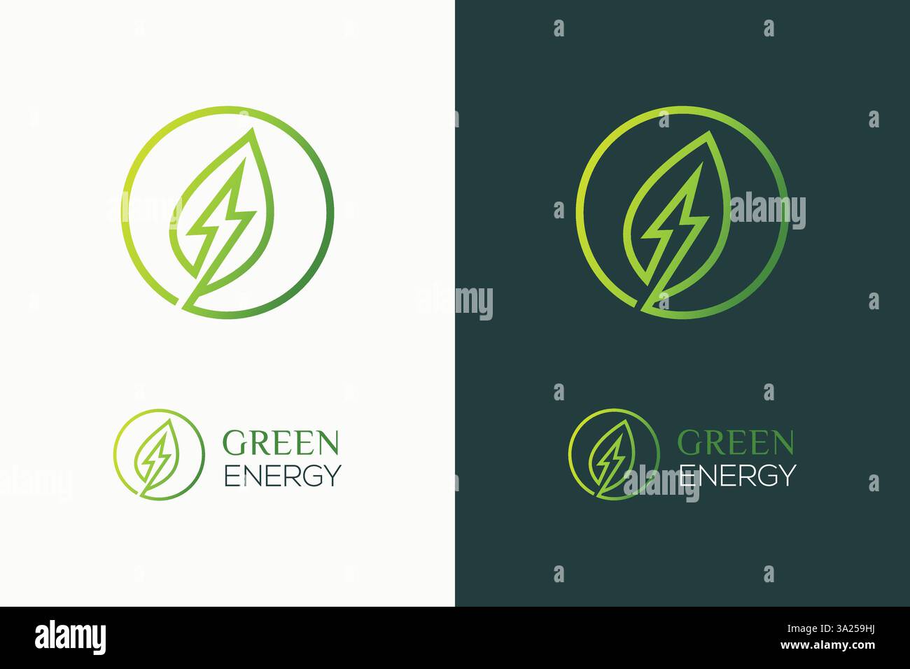 Grüne Energie-Logo-Symbol und elektrisches Schild für die Energiewirtschaft mit erneuerbaren Lösungen Stock Vektor