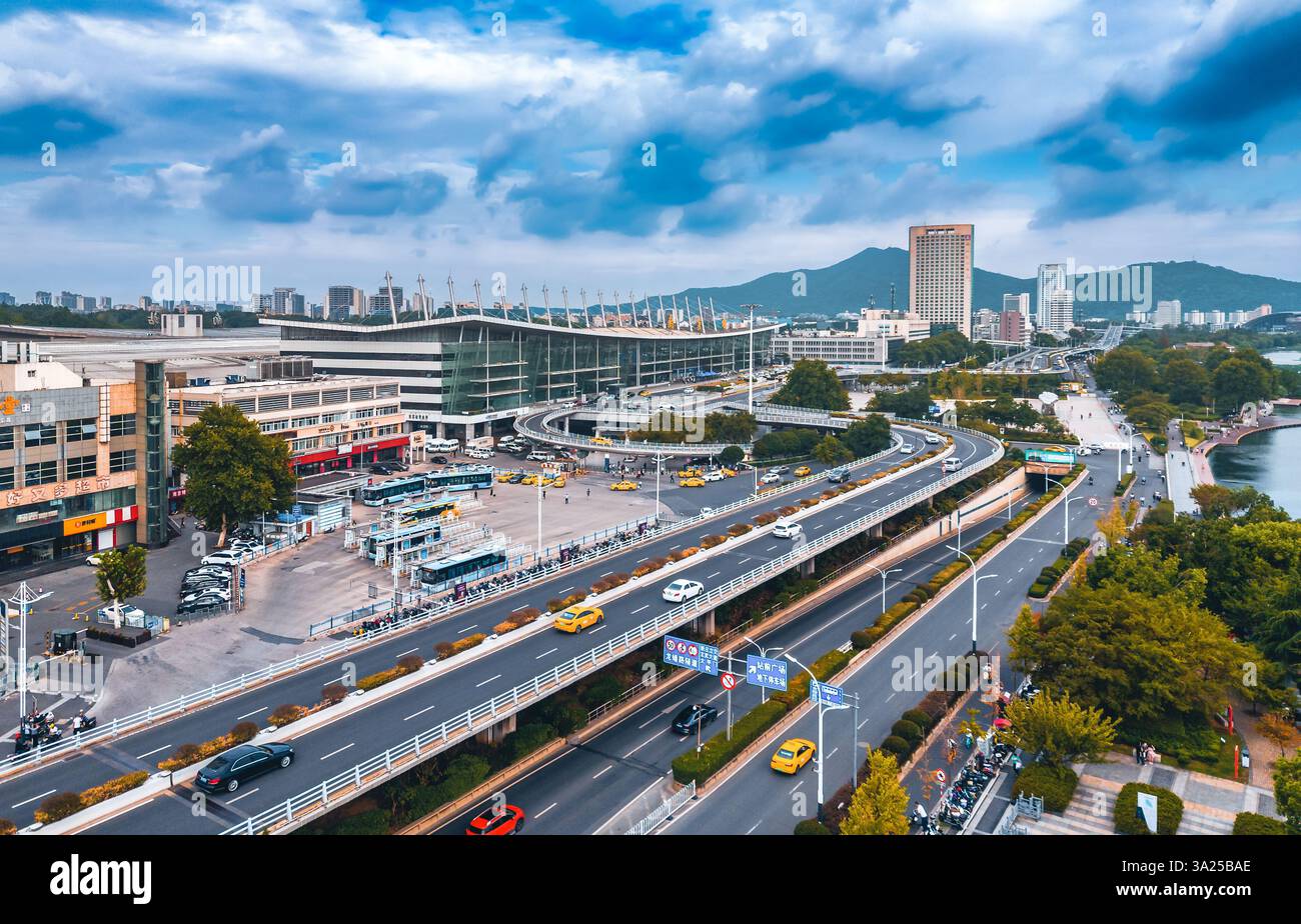 Luftaufnahme des Bahnhofs Nanjing, Nanjing, Provinz Jiangsu, China Stockfoto