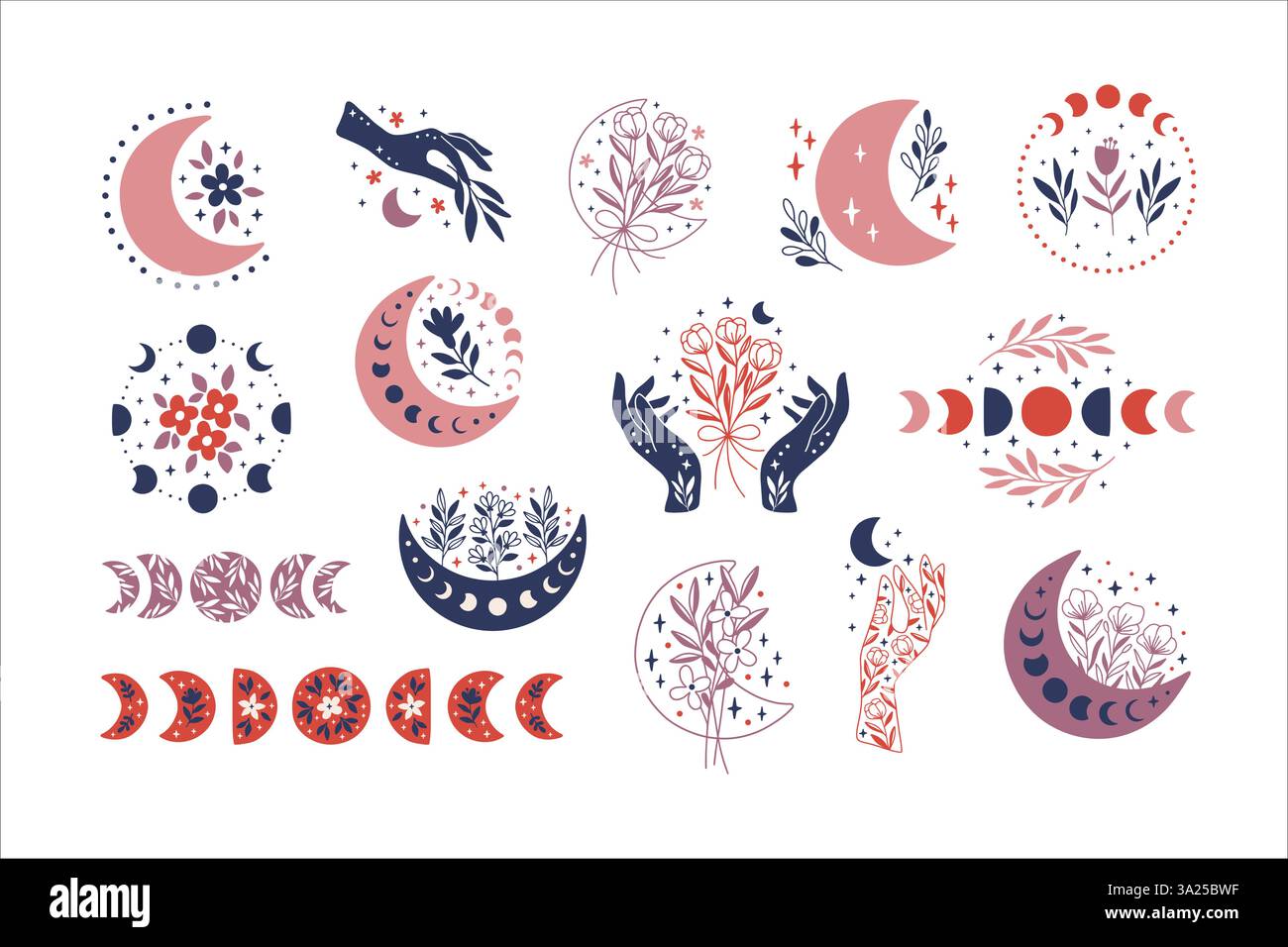 Bloral Mondphase Vektor Illustration Set Stock Vektor