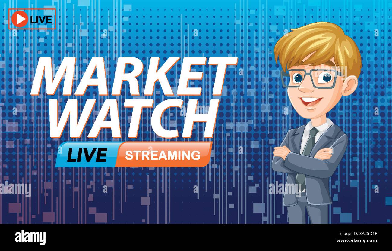 Vektor-Illustration mit einem Geschäftscharakter mit digitalem Hintergrund, ideal für Finanznachrichten und Live-Streaming-Inhalte Stock Vektor