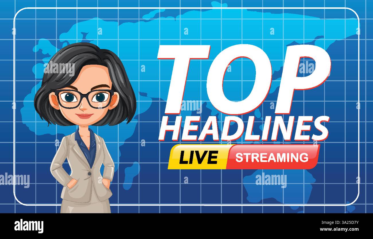 Vektor-Illustration eines Nachrichtenankers mit einem globalen Kartenhintergrund, der Live-Streaming und Top-Schlagzeilen betont Stock Vektor