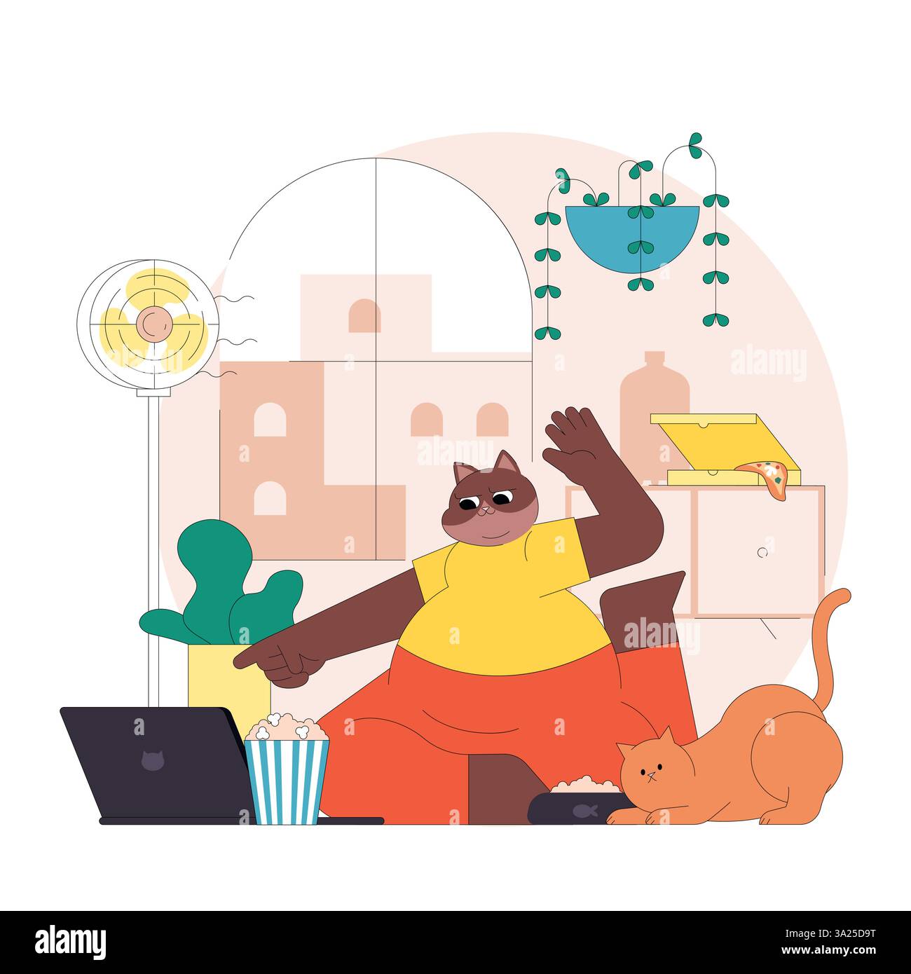 Ein entspannter Charakter genießt Unterhaltung zu Hause mit Popcorn, einem Laptop und einer verspielten Katze. Die gemütliche Atmosphäre mit Pflanzen und komfortabler Kleidung sorgt für einen freudigen Moment der Freizeit. Stock Vektor