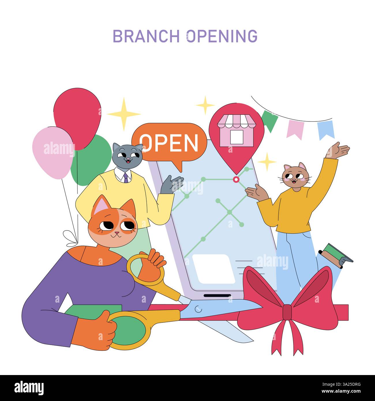 Geschäftsfeier mit anthropomorphen Katzen, die an Feierlichkeiten teilnehmen. Die Szene umfasst Ballons, ein großes Mobilgerät mit einem „OPEN“-Schild und Charaktere, die für die Veranstaltung bereit sind. Eine Atmosphäre der Begeisterung und der Gemeinschaft umgibt den Anlass und markiert ein bedeutendes neues Kapitel für das Unternehmen. Vektorabbildung. Stock Vektor