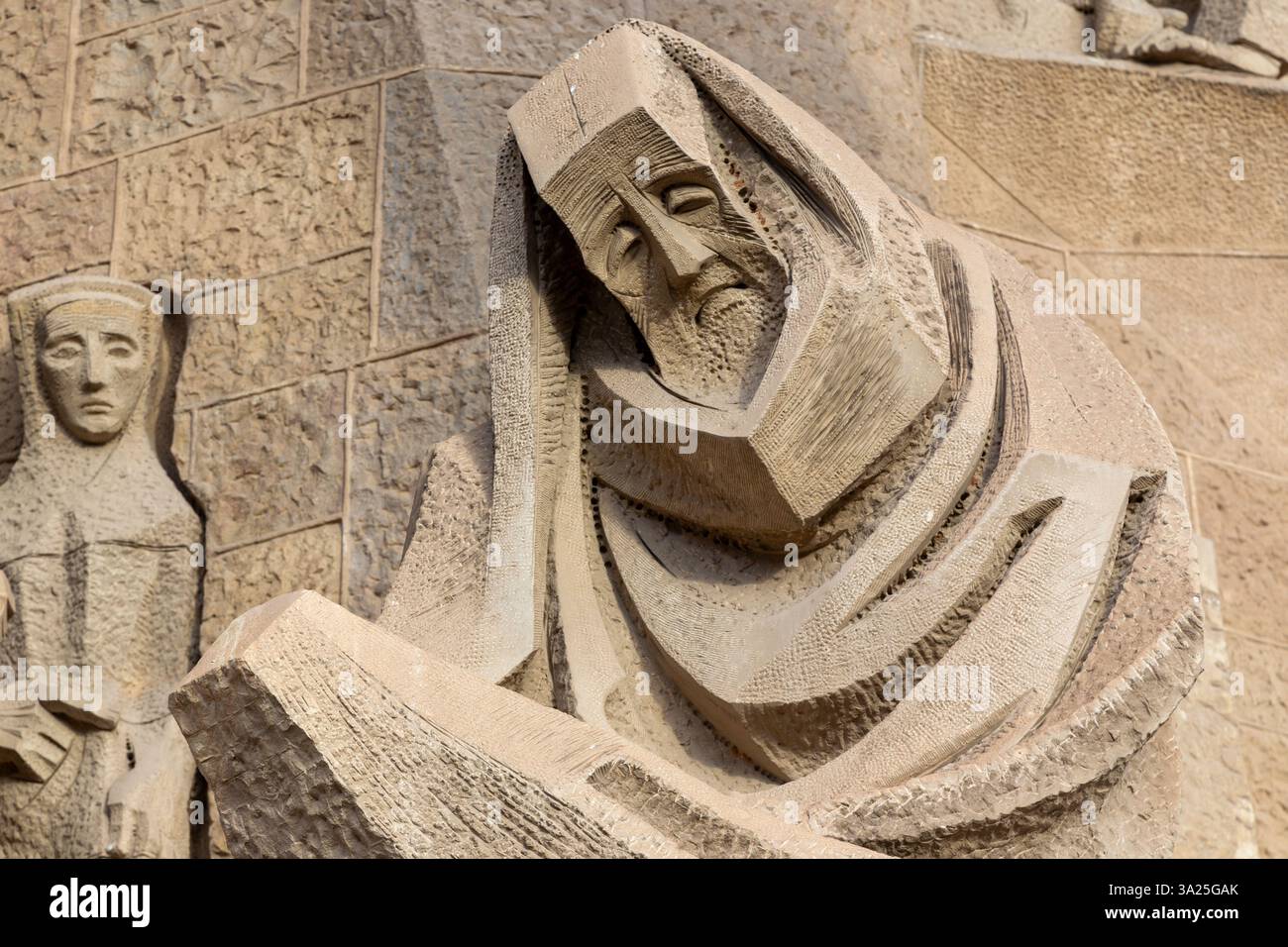 Basilika Sagrada Familia Passionsfassade Art Detail Ansicht Größte Katholische Kathedrale Kirche Der Welt. Berühmter Architekt Antoni Gaudi Barcelona Spanien. Stockfoto