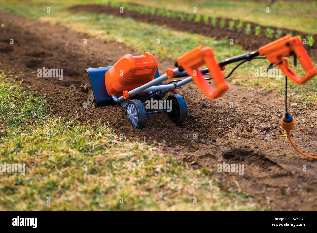 Gartenfräse, Rotationsfräse, Minigrubber oder Rotavator. Motorhacken brechen verdichteten Boden auf, verbessern dessen Struktur und Belüftung. Dies ermöglicht bette Stockfoto