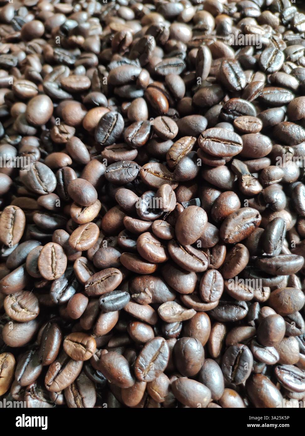 Geröstete Kaffeebohnen mit traditioneller indonesischer Technik aus Zentral-Java - Smartphone-aufgenommenes Stockfoto