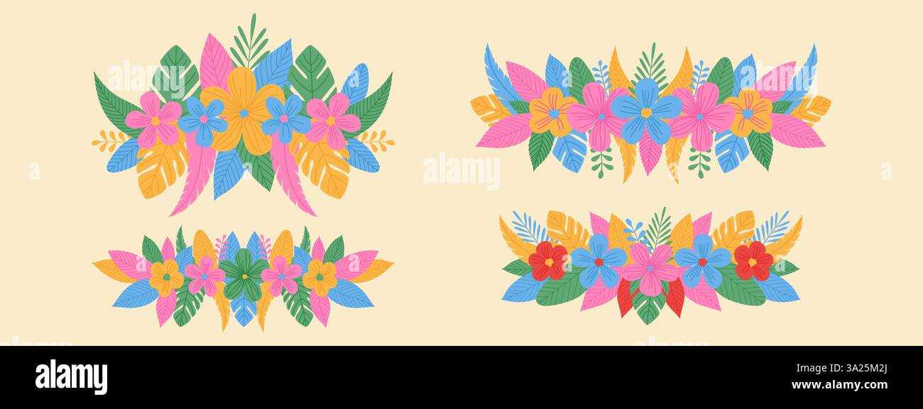 Botanischer horizontaler Rahmen des Frühlings. Bunte blühende Blumen und exotische Blätter. Set mit floralen Gänseblümchen Stock Vektor