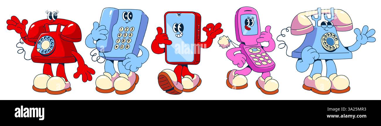 Retro-Cartoon-Maskottchen für Handy und Festnetztelefon mit Händen und Beinen in Turnschuhen. Alte lächelnde Telefone in verschiedenen Posen. Klassische Kommunikationsgeräte mit Wähltastaturen, Antennen. Stock Vektor