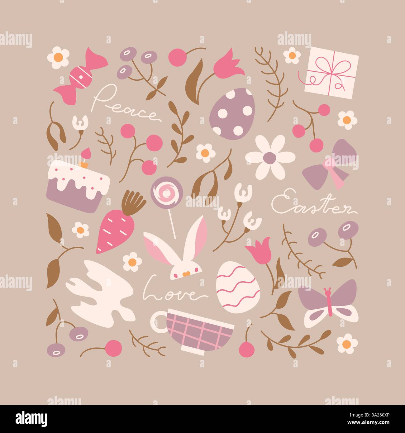 Festliches Osterbanner, Kartenvorlage. Netter quadratischer Vektor-Rahmen mit Vogel, Kaninchen, Eiern, Beere über Frieden, Liebe. Stock Vektor