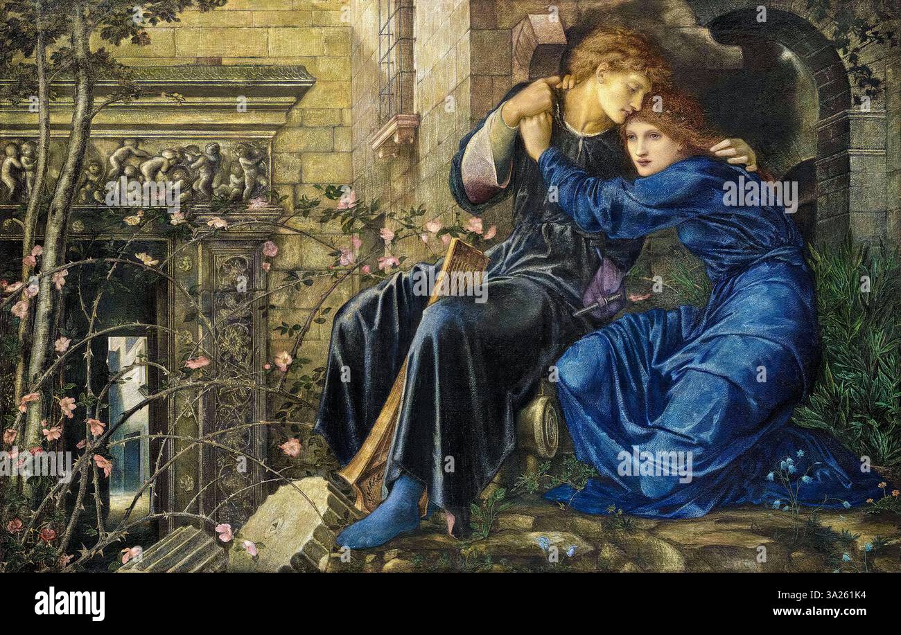 Sir Edward Coley Burne-Jones, Liebe unter den Ruinen, Gemälde in Aquarellen und Gouache mit Gummi arabisch, um 1873 Stockfoto