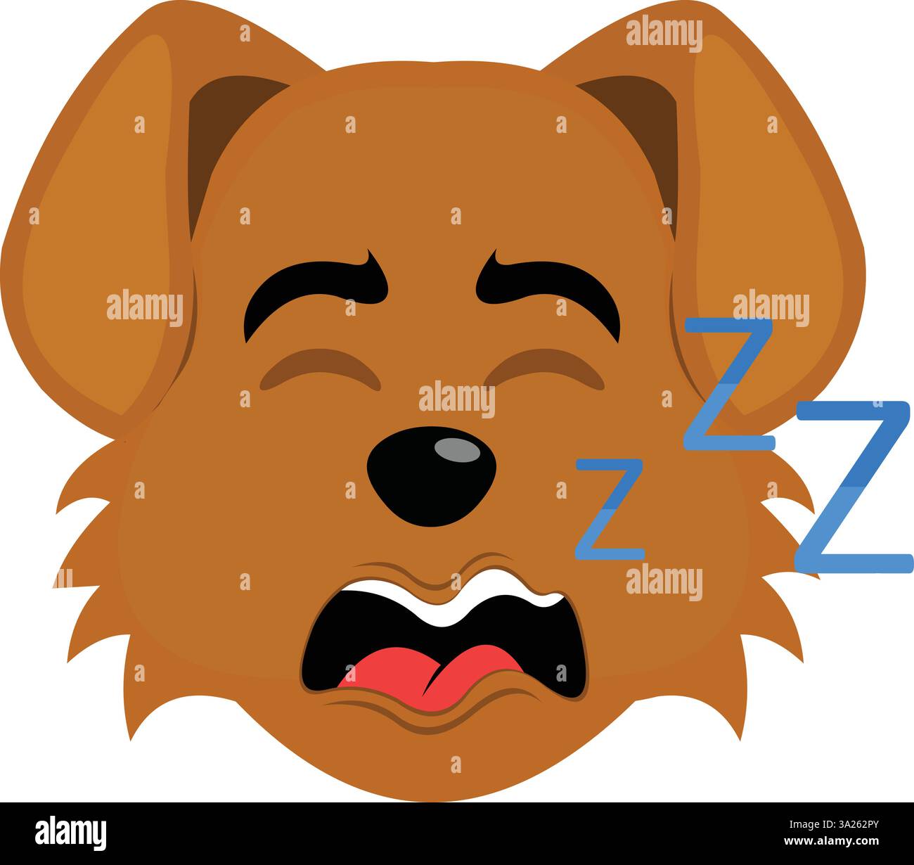 Vektor Illustration Emoji Charakter Gesicht Hund Cartoon, Schnarchen mit Mund offen und Text zzz Stock Vektor