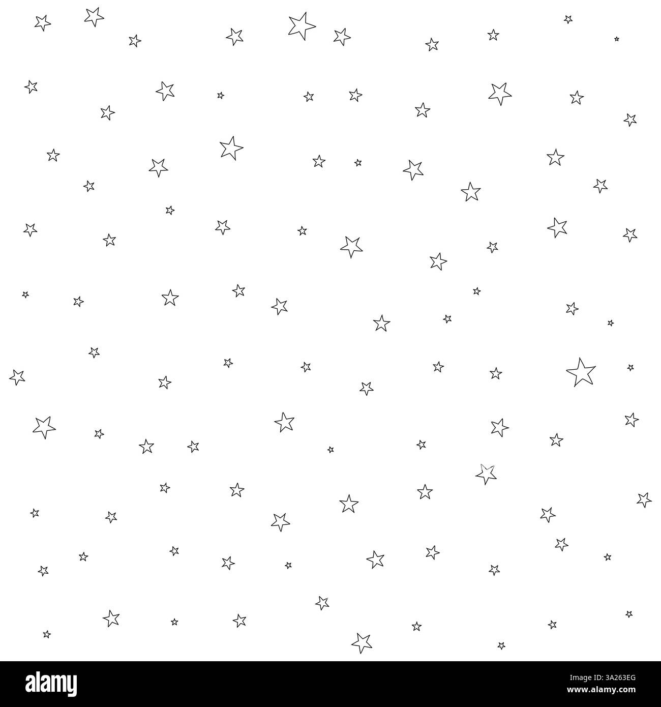 Nachthimmel-Muster, schwarz-weiße Vektor-Karikaturillustration von Sternen auf weiß, nahtlose wiederholbare Textur Stock Vektor