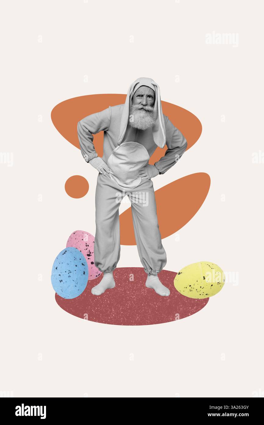 Vertikale kreative Collage Bild älterer Rentner Mann Loot Kaninchen Hase Kostüm bemalt bunte Eier osterfeier Stockfoto