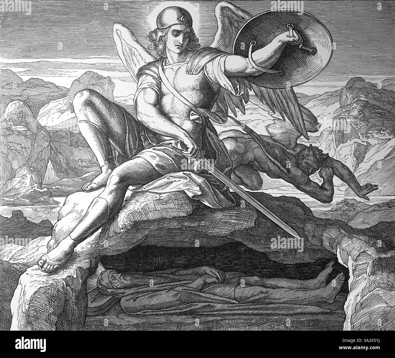 Bibel. Der Tod von Moses. Michael und Saran streiten die Leiche von Moses. Deutoronomie, 34. Illustration von J. Schnorr von Carolsfeld. „The Picture Bi Stockfoto