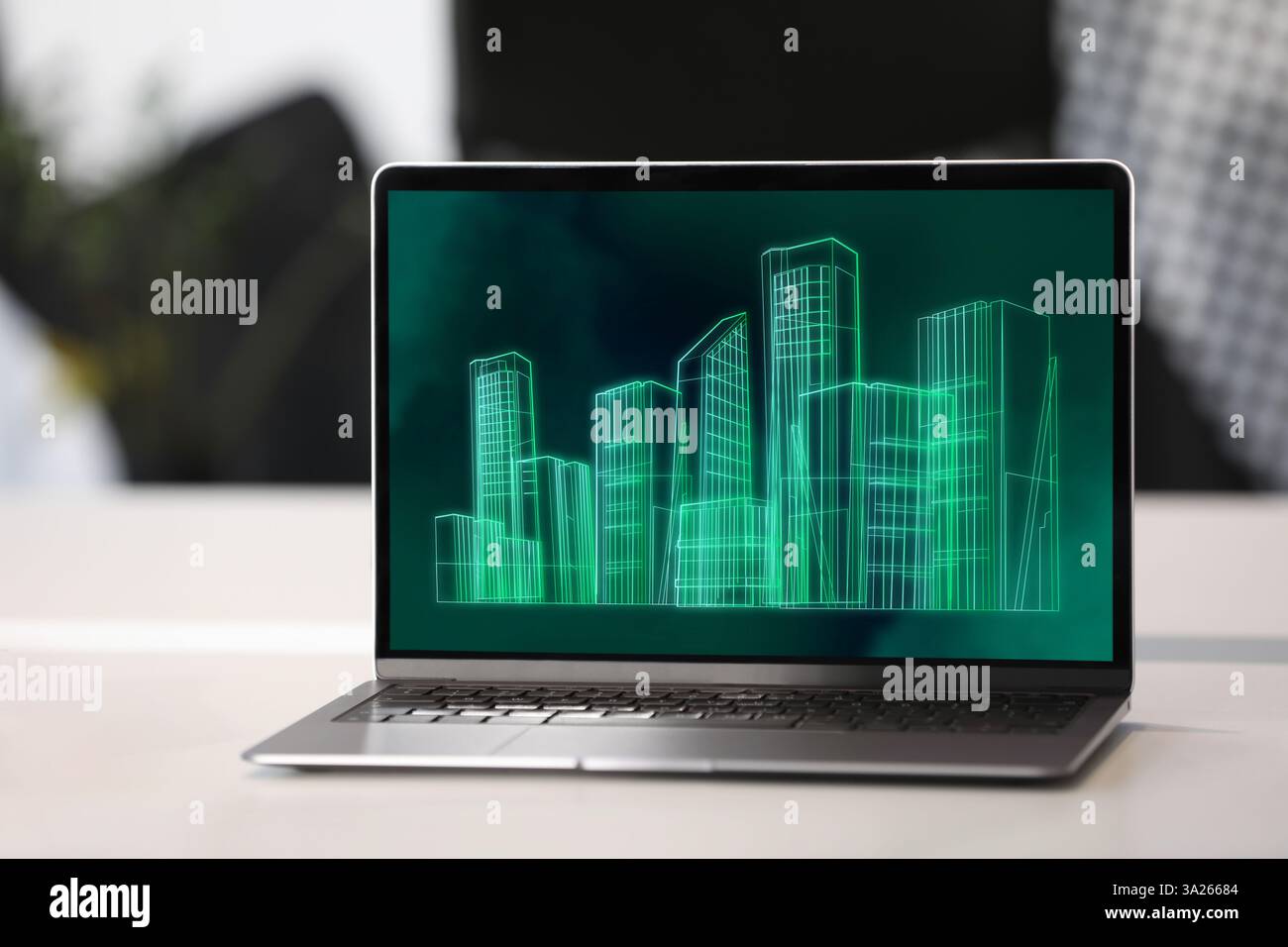 Modellierung von Informationen erstellen. Digitales Projekt auf Laptop-Display Stockfoto