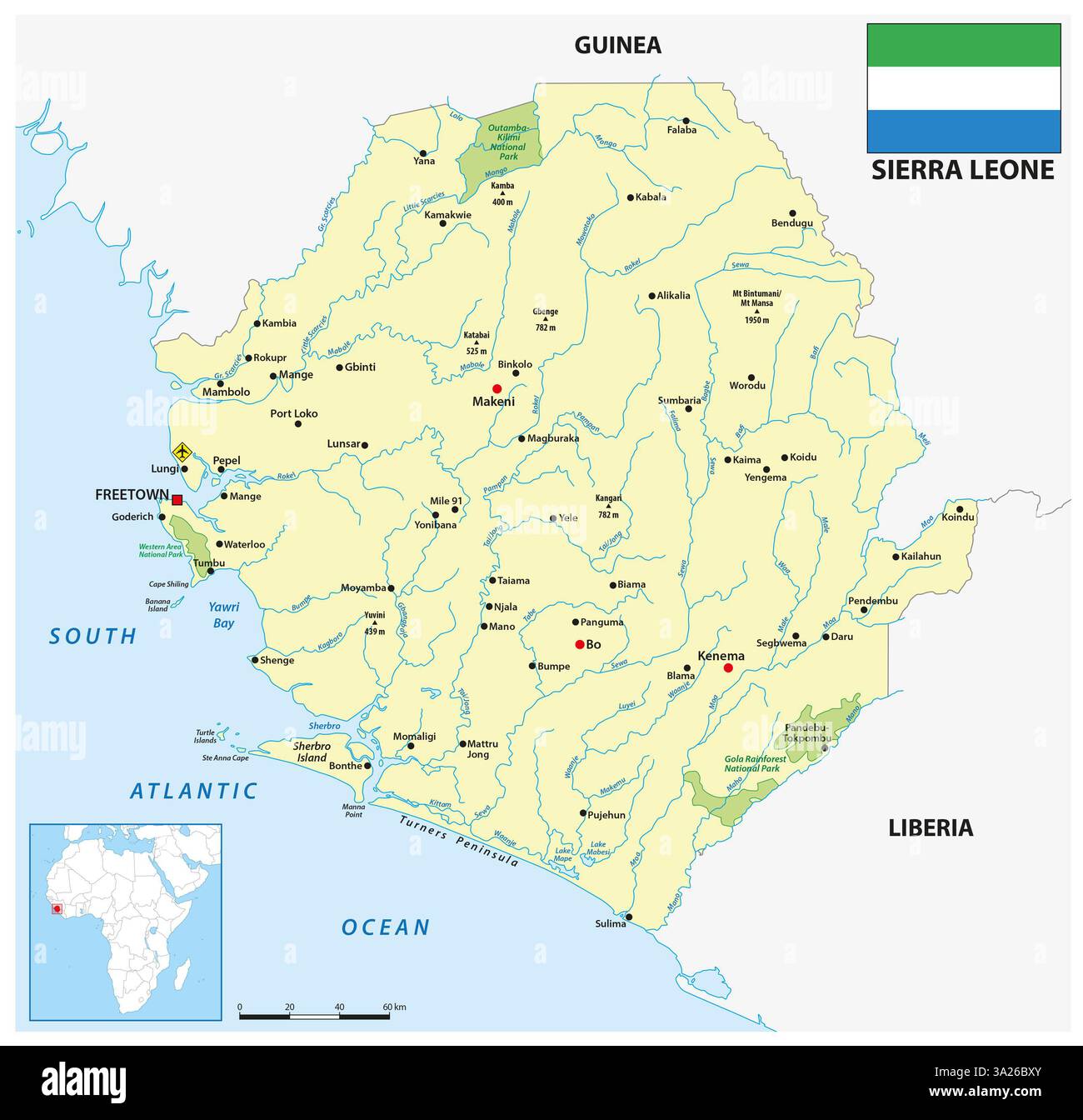 Karte des westafrikanischen Staates Sierra Leone Stockfoto