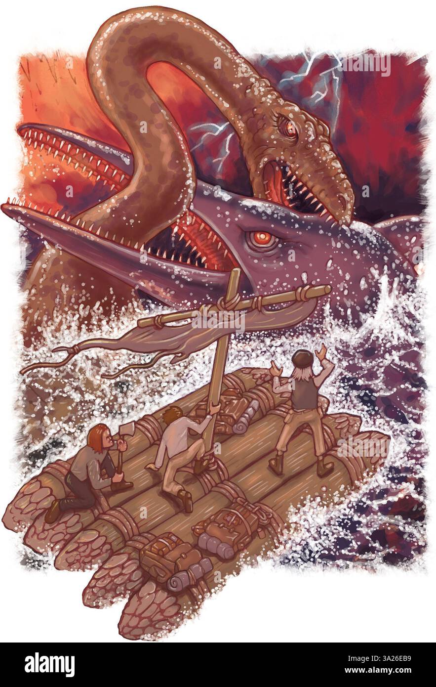 Kunst inspiriert von Jules Vernes Reise zum Zentrum der Erde, mit Lidenbrock, Axel und Hans auf einem Floß, der Ichthyosaurus und Plesiosaurus im Kampf beobachtet Stockfoto
