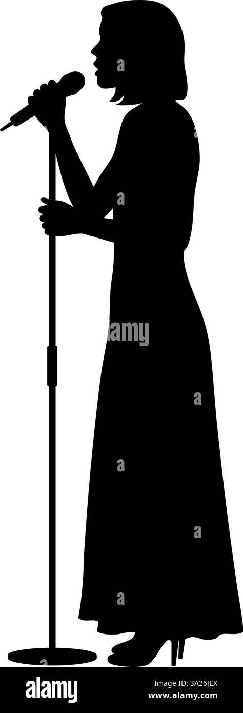 Silhouette einer Sängerin im Kleid, die mit einem Mikrofon spielt Stock Vektor