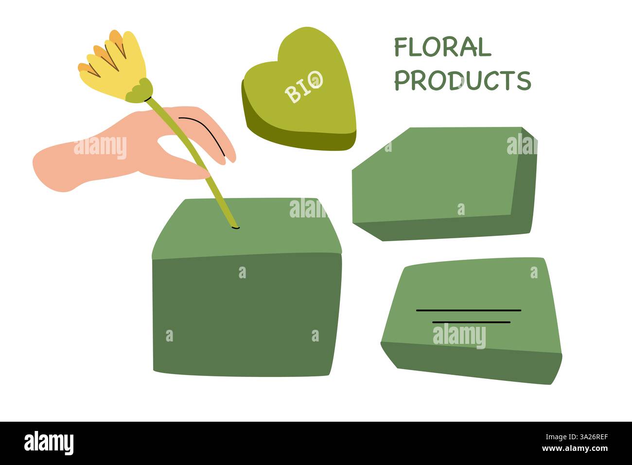 Werkzeuge für Blumenarrangements und umweltfreundliche Materialien. Blumenschaum. Stock Vektor