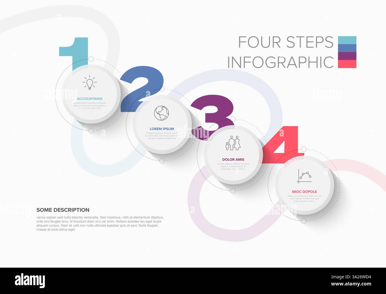 Eine moderne vierstufige Infografik mit kreisförmigen Elementen und nummerierten Abschnitten. Er verfügt über eine klare Typografie, Symbole und einen minimalistischen Stil, der ideal für Busse ist Stock Vektor