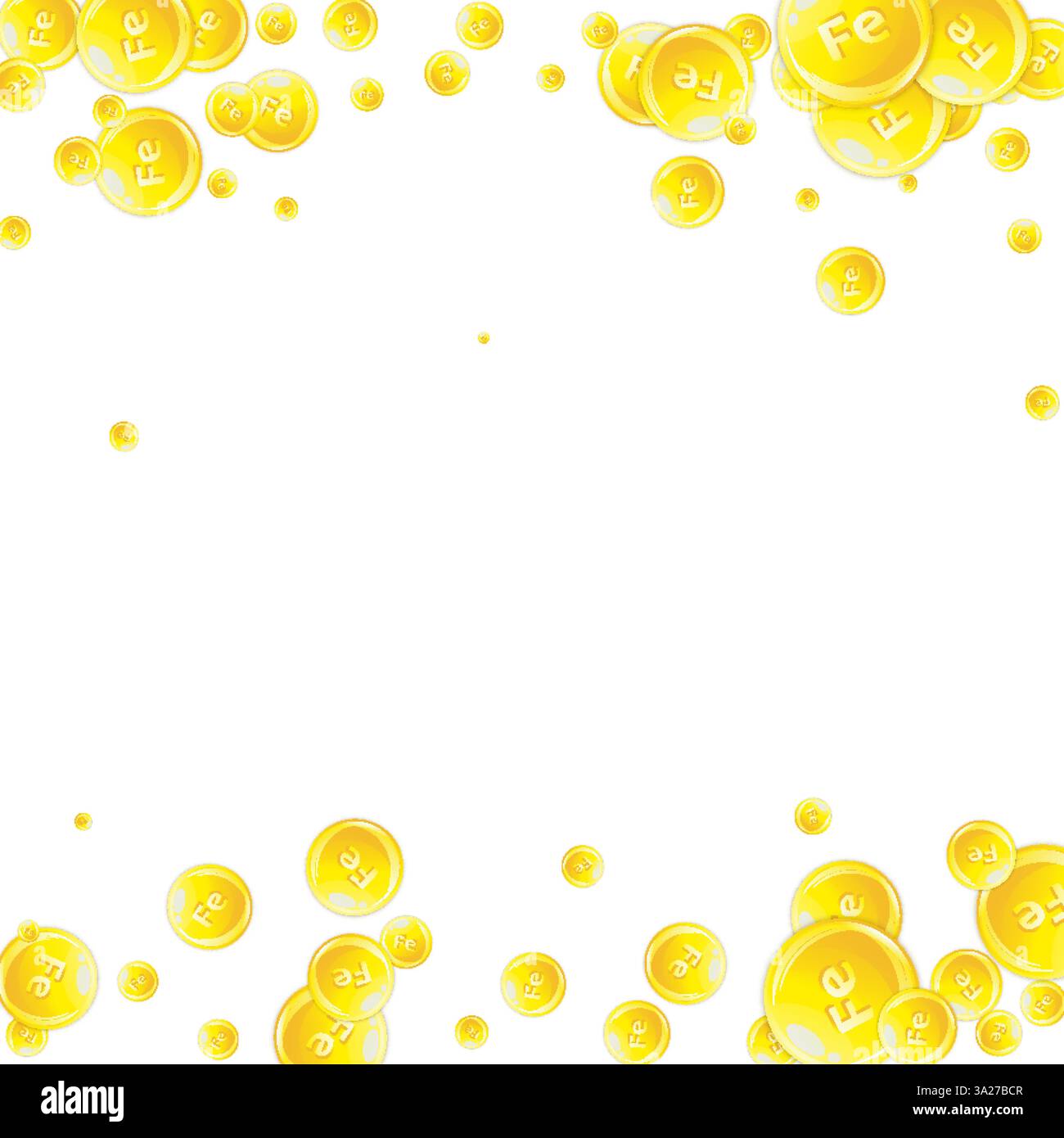 Rundtröpfchen des Ferritins wurden nach dem Zufallsprinzip verstreut. Schönheitsbehandlung und Ernährung Hautpflege. Gesundes Lebenskonzept. Vektor-Illustration für essentielle Vitamine. Stock Vektor