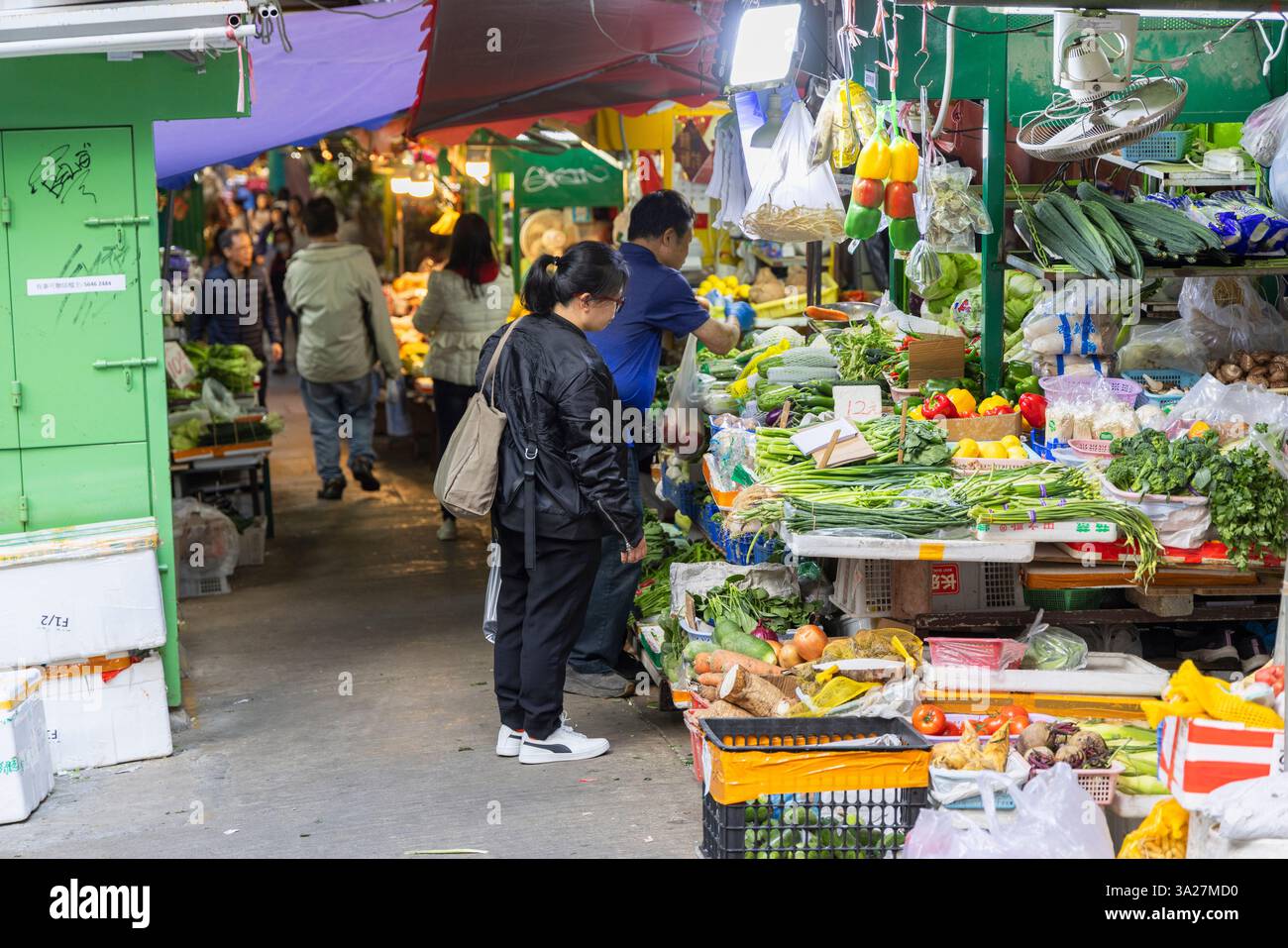 Gemüsestände in der Graham Street, Central, Hong Kong Island, Hong Kong Stockfoto