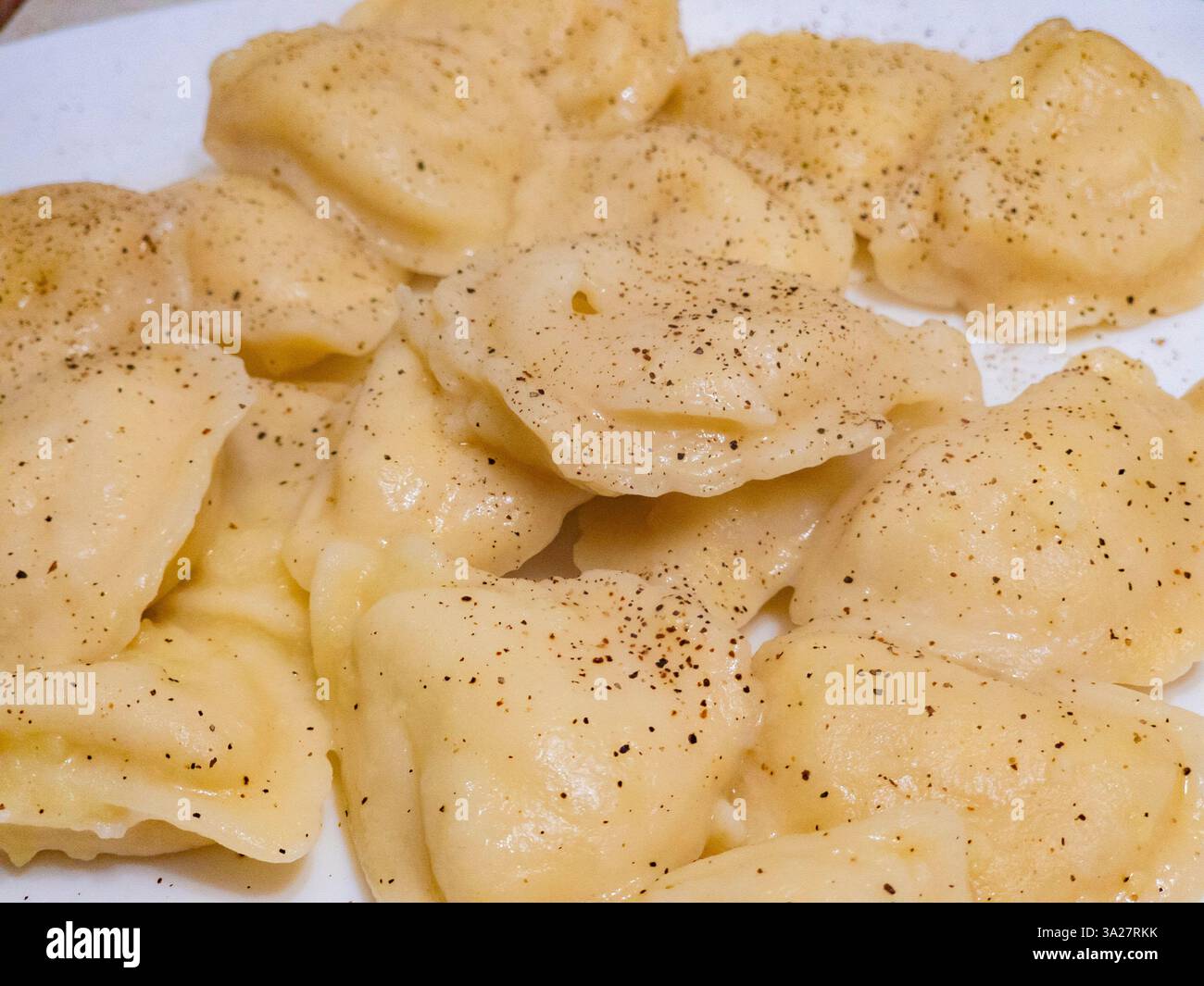 Zarte hausgemachte Ravioli liegen auf einem weißen Teller, der mit einem leichten Spritzer schwarzen Pfeffer geschmückt ist und Feinschmecker einlädt, sich in einem behaglichen und angenehmen Ambiente zu verwöhnen Stockfoto