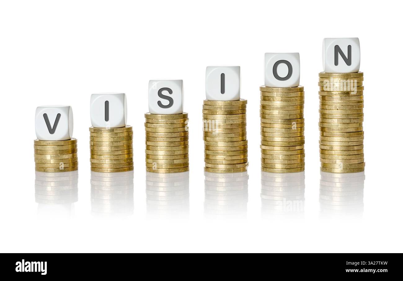 Münzstapel mit Buchstabenwürfeln - Vision Stockfoto