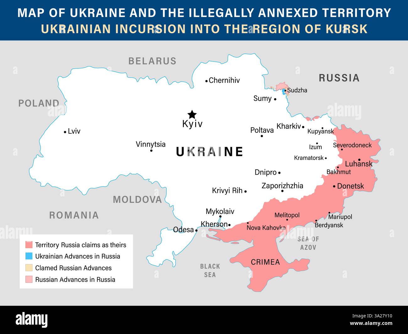 Karte der Ukraine mit illegal russisch annektiertem Territorium Grenze und Kursker ukrainischer Invasion, März 2025. Territory russia beansprucht Vektorkarte Stock Vektor