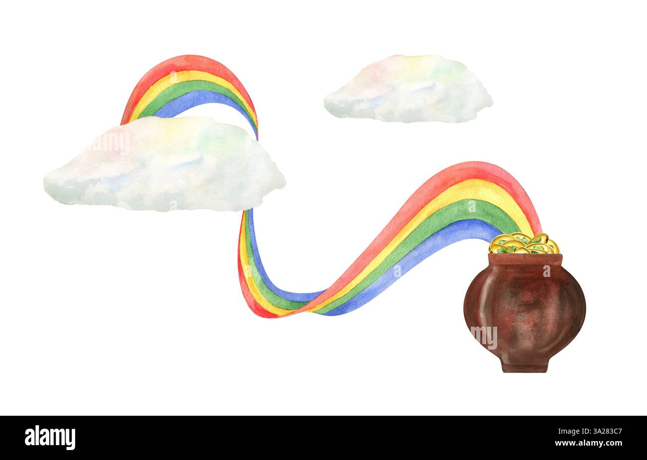 Aquarellrot gelb grün blau welliger Regenbogen wächst aus Wolke und goldenem Münzkessel am Ende der Regenbogenillustration isolierter Hintergrund. Stockfoto