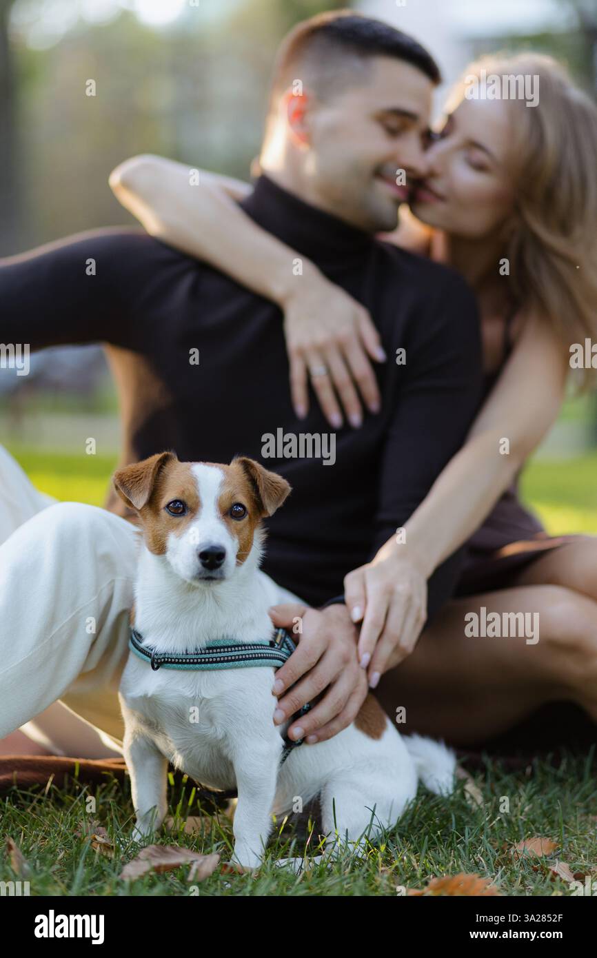 In einem ruhigen Park teilt sich ein Paar eine intime Umarmung, während ihr verspielter Hund neben ihnen sitzt und sich im warmen Sonnenlicht eines schönen Nachmittags sonnt. Stockfoto