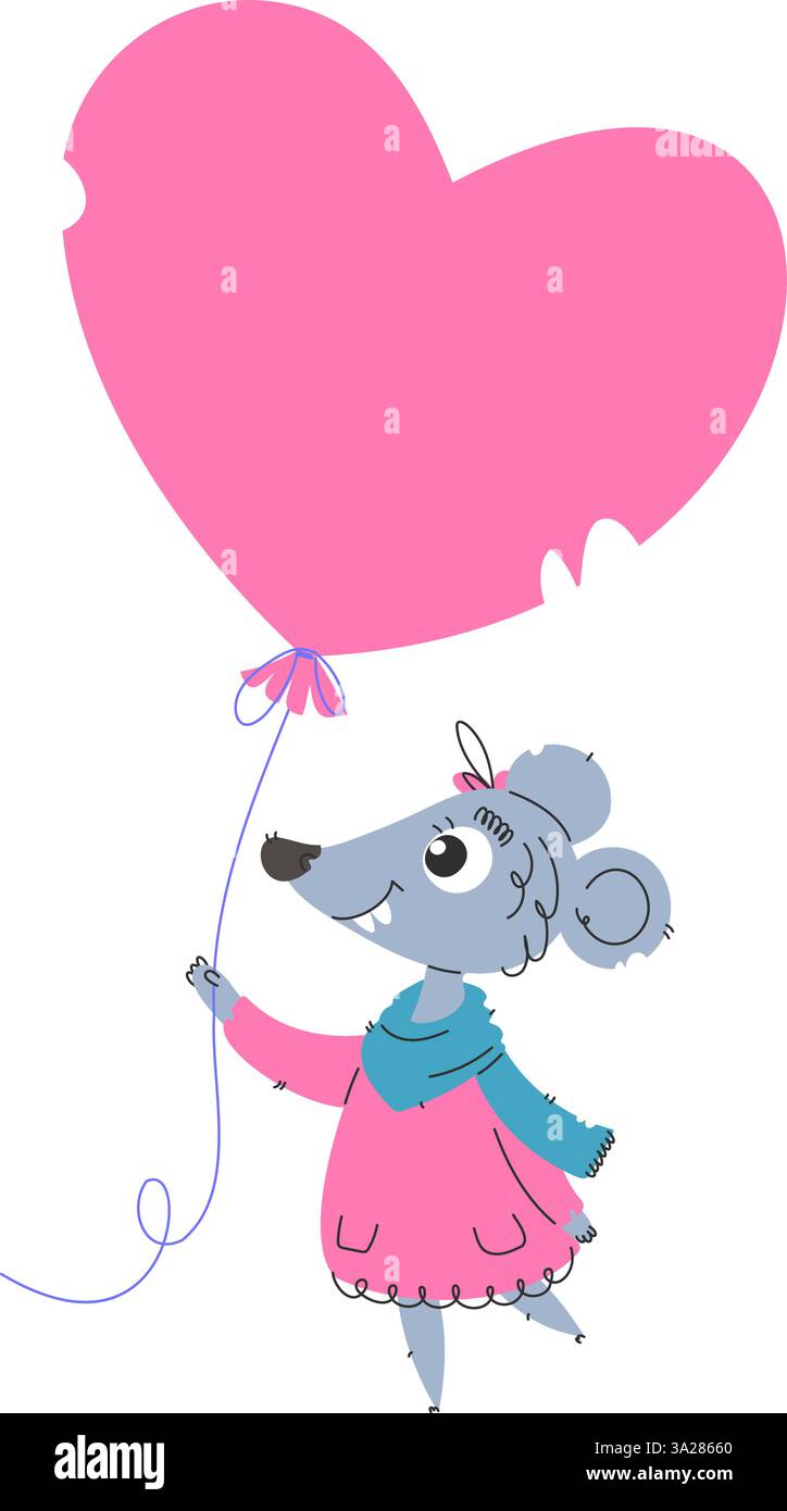 Bezaubernde Zeichentrickillustration einer fröhlichen Maus, die ein rosafarbenes Kleid und einen blauen Schal trägt und einen Ballon in Herzform hält, der Liebe, Freude und Pommes symbolisiert Stock Vektor
