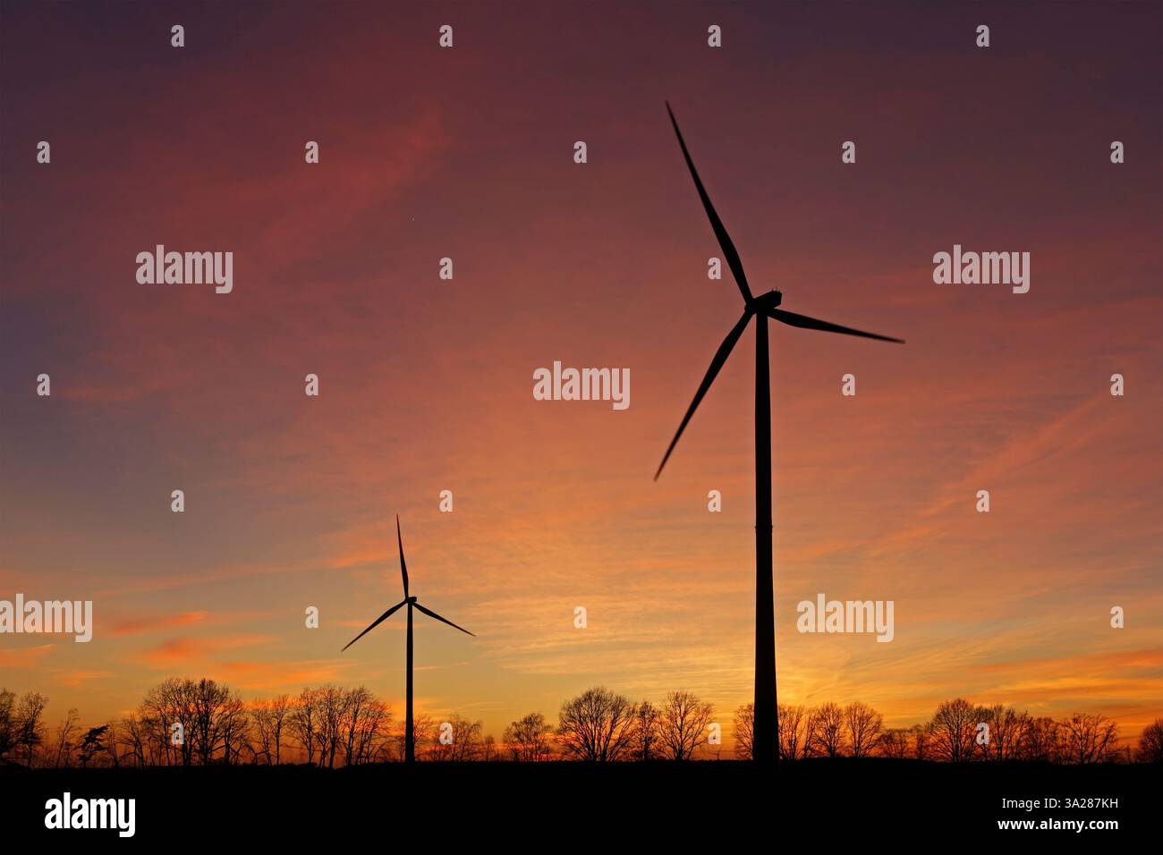 Afterglow, Windkraftwerke, Silhouetten, gemeinsame Gemeinschaft Melbeck, Ilmenau, Niedersachsen, Deutschland Stockfoto